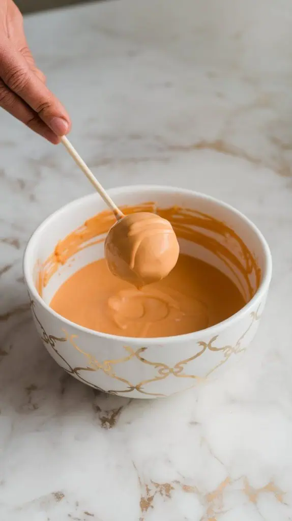 a cake pop being dipped into a bowl of melted orange candy coating. A lollipop stick holds the cake pop steady