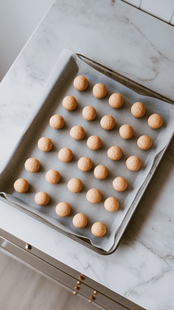 evenly shaped cake balls resting on a parchment-lined baking sheet, ready to be chilled
