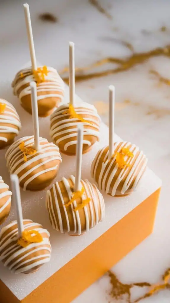 finished orange cream cake pops standing upright in a foam block, drizzled with white chocolate and sprinkled with fresh orange zest