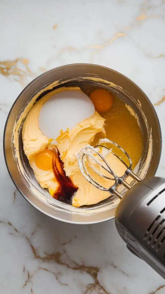 a mixing bowl filled with softened butter, sugar, eggs, vanilla extract, and orange zest being creamed together with a hand mixer
