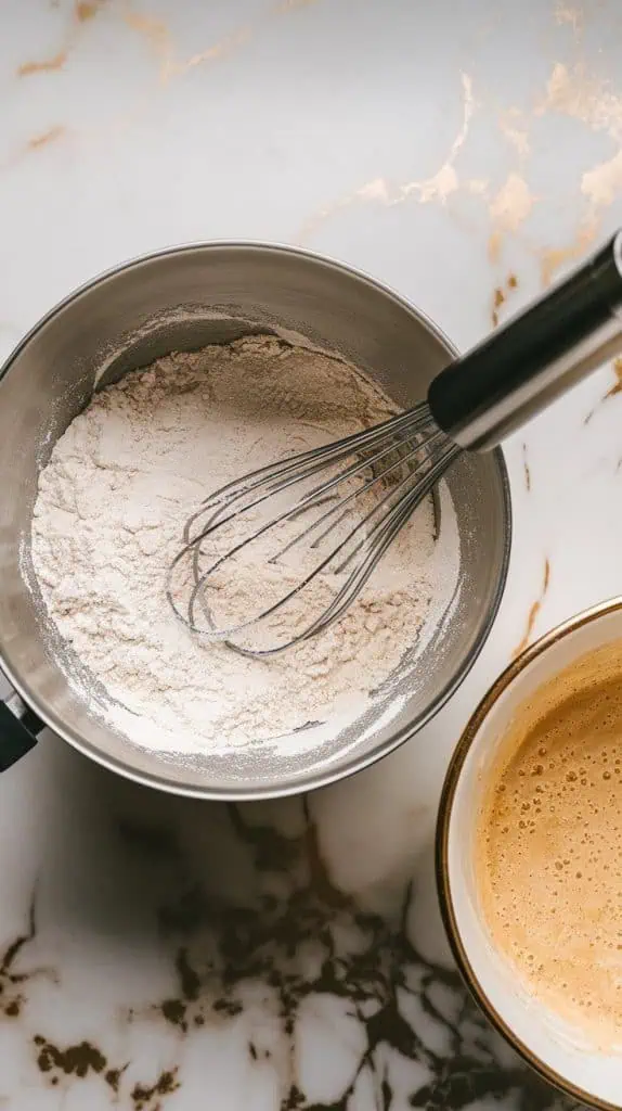 a mixing bowl filled with dry ingredients (flour, baking powder, baking soda, and salt) being whisked together