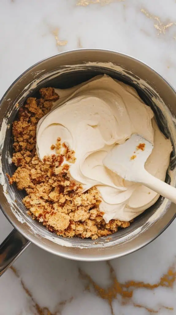a mixing bowl with crumbled cake being combined with smooth, whipped cream cheese frosting