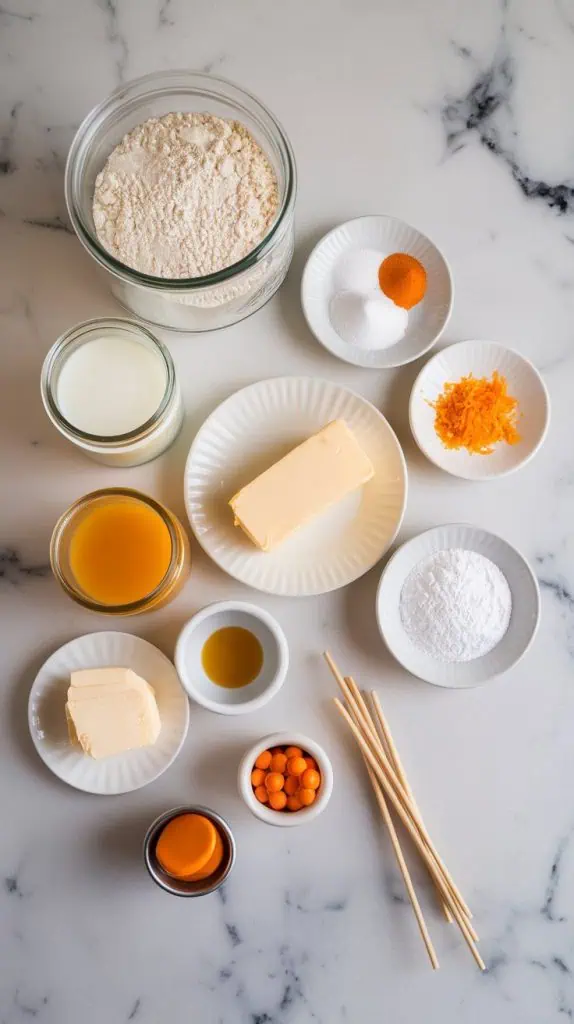 all ingredients for Starbucks copycat orange cream cake pops arranged on a white marble countertop with hints of gold