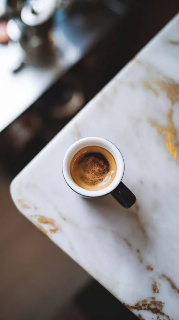 a freshly brewed espresso shot in a small white cup. The coffee is dark and rich, with a golden crema on top