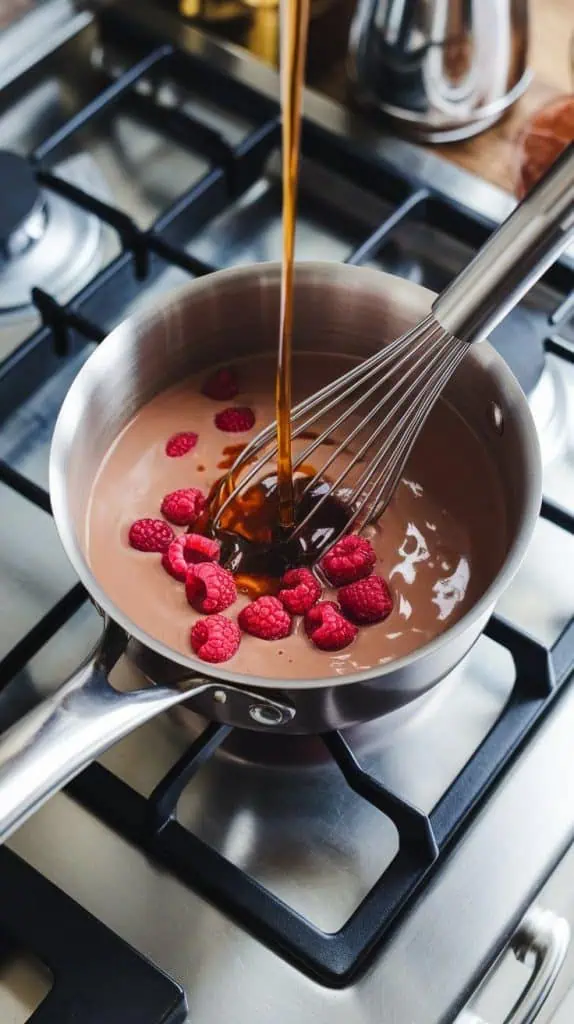 a saucepan with warm chocolate milk, as raspberry syrup and vanilla extract are drizzled in