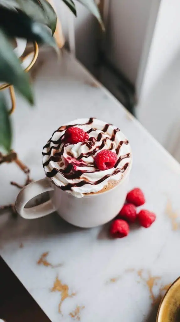 a Starbucks copycat raspberry mocha latte in a white ceramic mug, topped with a swirl of whipped cream, chocolate drizzle, and raspberry syrup