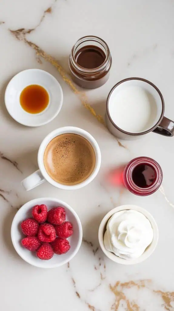 all ingredients for a Starbucks copycat raspberry mocha latte arranged on a white marble countertop with hints of gold