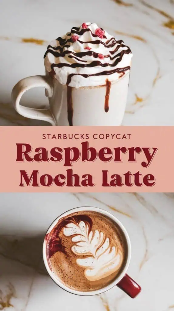 Starbucks copycat raspberry mocha latte in a white ceramic mug