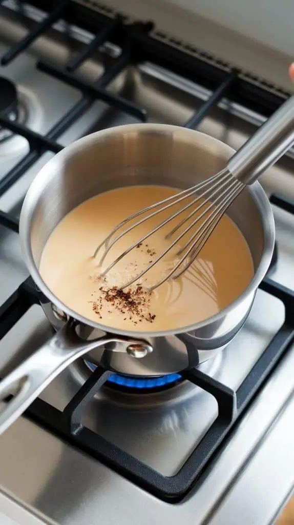 a saucepan with warm butterscotch milk, as smoked sea salt and vanilla extract are being sprinkled in