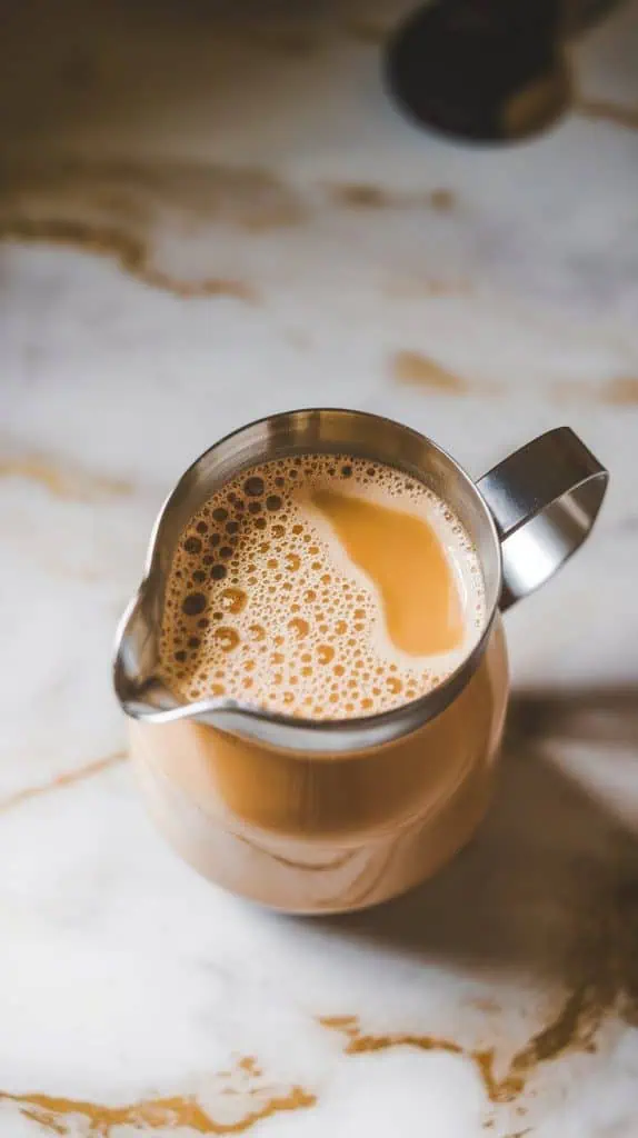 a small frothing pitcher filled with warm butterscotch milk, being frothed into a creamy foam
