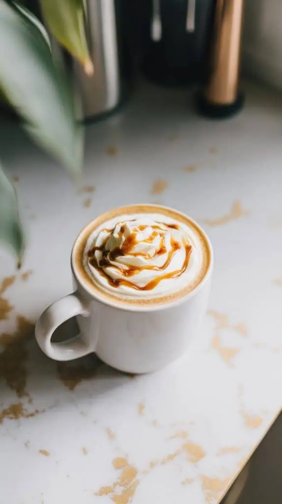 a Starbucks copycat smoked butterscotch latte in a white ceramic mug, topped with a swirl of whipped cream and a drizzle of golden butterscotch sauce