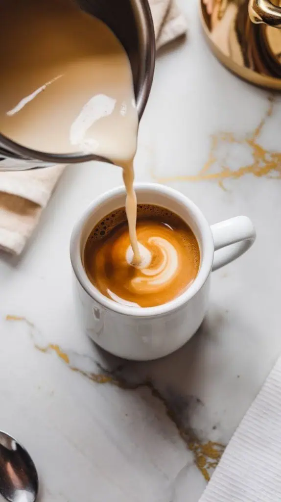 a white ceramic mug filled with freshly brewed espresso, as warm butterscotch milk is being poured in from a small saucepan