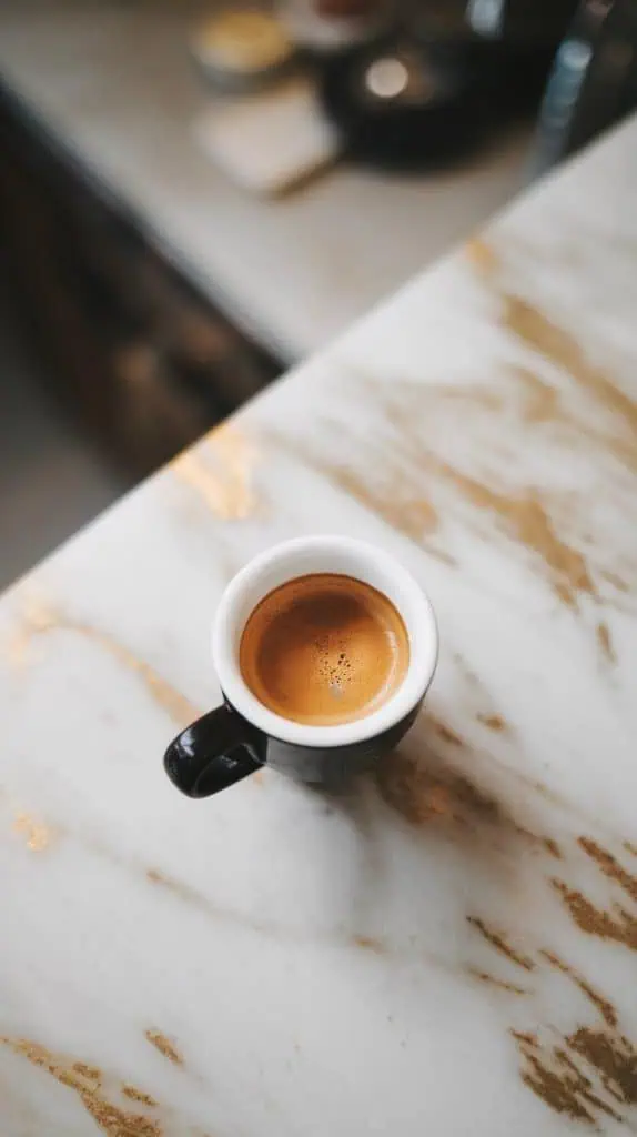 a freshly brewed espresso shot in a small white cup. The coffee is dark and rich, with a golden crema on top