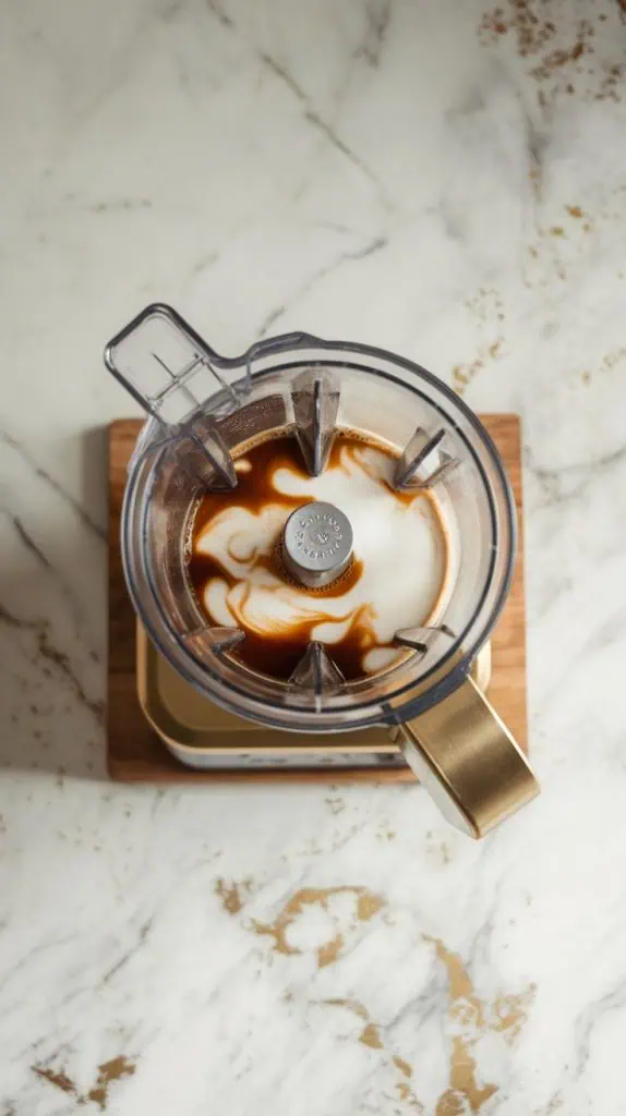 a blender with chilled brewed coffee and creamy milk being poured inside