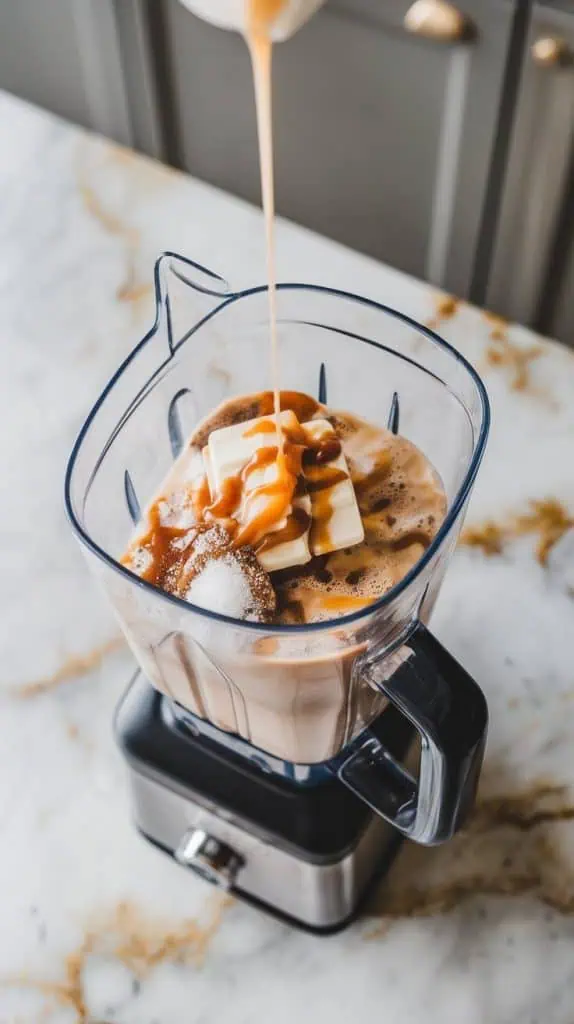 a blender filled with chilled coffee and milk, as melted white chocolate, caramel sauce, and sugar are drizzled in from above