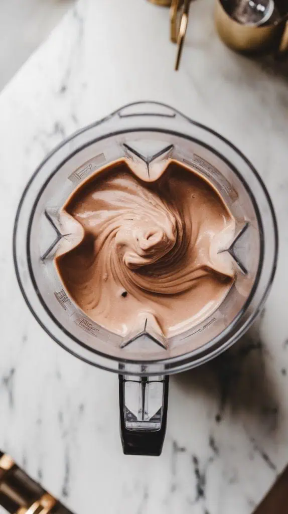  a blender filled with a thick, creamy toasted white chocolate frappuccino mixture, swirling smoothly as it blends