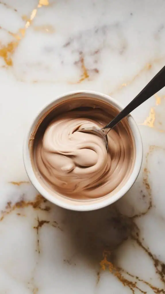 a small bowl filled with smooth, melted toasted white chocolate. A spoon is stirring the creamy mixture