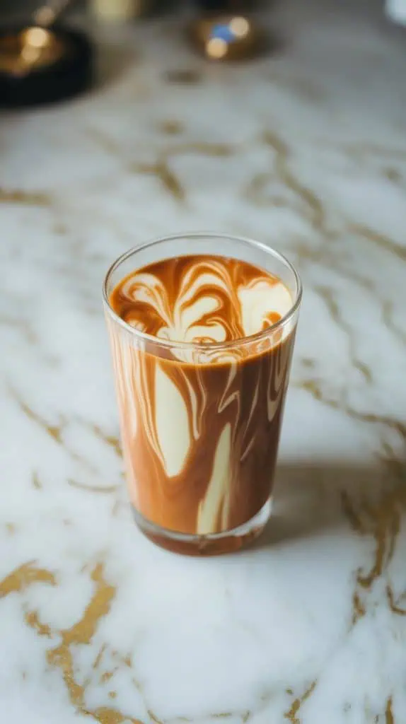 a tall glass with caramel and melted white chocolate drizzled inside, creating swirls along the sides