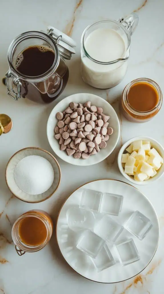 all ingredients for a Starbucks copycat toasted white chocolate frappuccino arranged on a white marble countertop with hints of gold