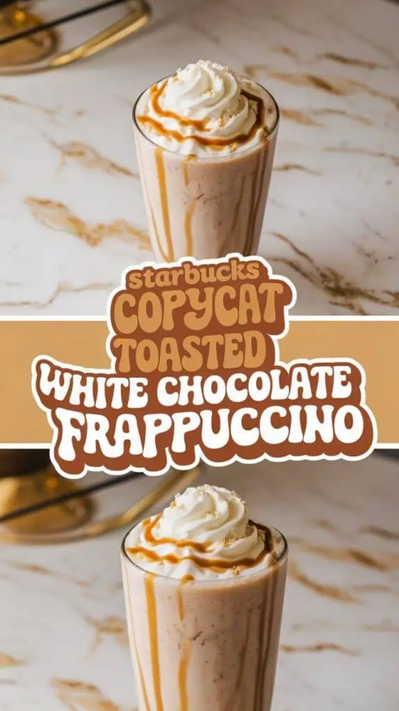 a tall glass filled with a thick and creamy toasted white chocolate frappuccino