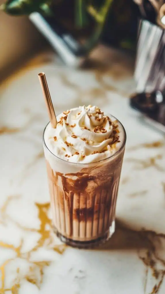 a tall glass filled with thick toasted white chocolate frappuccino, topped with a swirl of whipped cream and sprinkled with white chocolate shavings