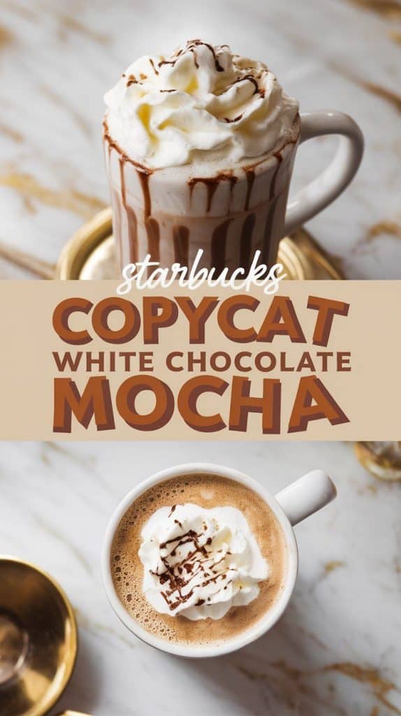 a white chocolate mocha in a white ceramic mug, topped with fluffy whipped cream and a drizzle of melted white chocolate