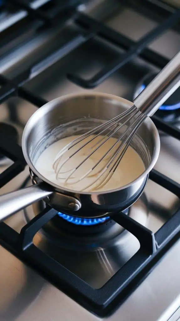 small saucepan on a modern stainless steel gas stove. Warm milk and vanilla extract are being whisked into melted white chocolate, creating a creamy, smooth mixture
