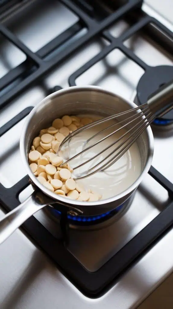 a small saucepan on a modern stainless steel gas stove. White chocolate chips and heavy cream are melting together, forming a smooth and glossy mixture