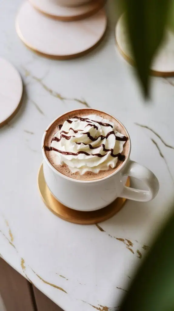 a white ceramic mug filled with a creamy white chocolate mocha, topped with a swirl of whipped cream and a drizzle of melted white chocolate