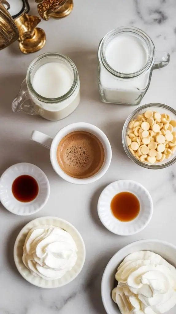 all ingredients for Starbucks copycat white chocolate mocha arranged on a white marble countertop with hints of gold