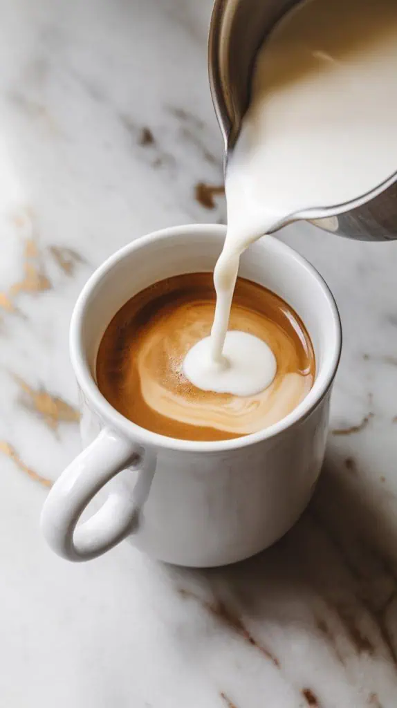 a mug filled with freshly brewed espresso, with warm white chocolate milk being poured in from a small saucepan