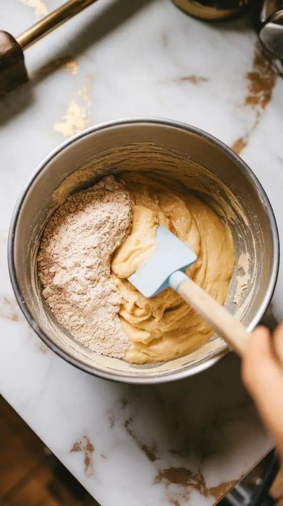 a spatula folding dry flour mixture into the wet banana mixture, creating a thick, slightly lumpy batter