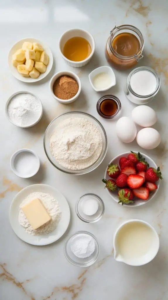 a small plate of mashed bananas, a small plate of melted butter, a small plate of brown sugar, a small plate of granulated sugar, a small plate of eggs, a small plate of vanilla extract, a small plate of all-purpose flour, a small plate of baking soda, a small plate of salt, a small plate of diced fresh strawberries, a small plate of flour mixed with sugar and cold butter for the shortcake topping, a small plate of powdered sugar, a small plate of milk, and a small plate of vanilla extract for the glaze