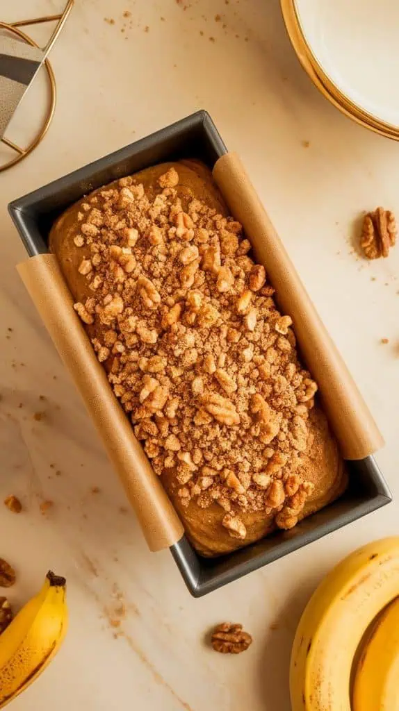 a loaf pan filled with banana bread batter, topped with a generous layer of crumbly shortcake topping