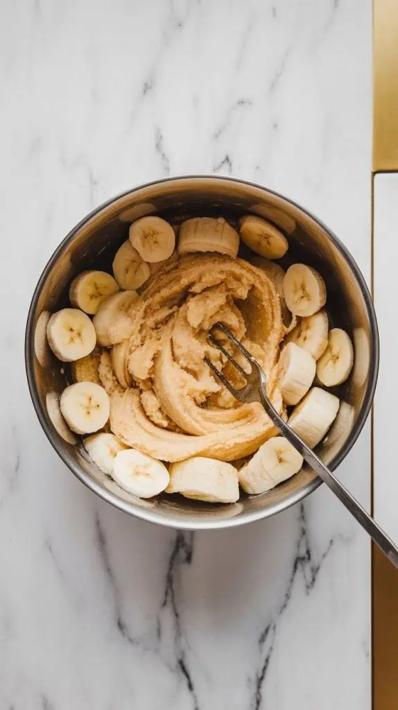 a mixing bowl filled with ripe, mashed bananas, their soft texture slightly chunky