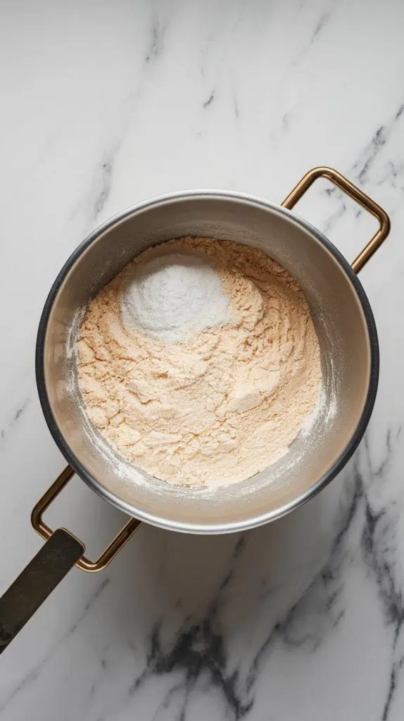 a mixing bowl with all-purpose flour, baking soda, and salt being whisked together, creating a light, fluffy mixture