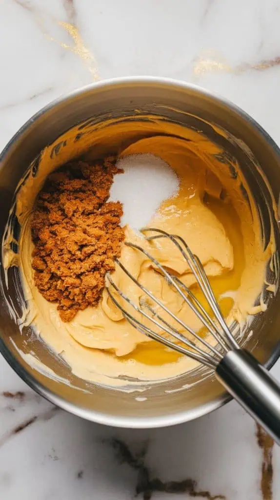a mixing bowl with mashed bananas, golden melted butter, brown sugar, granulated sugar, eggs, and vanilla extract being whisked together until smooth
