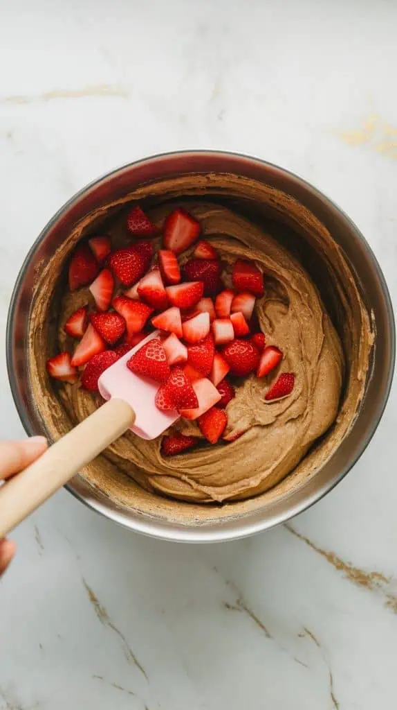 bright red diced strawberries being folded into the banana bread batter with a spatula