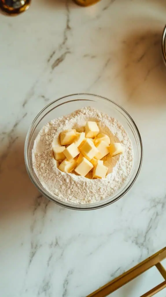 a small bowl with flour, sugar, and cold butter being mixed into a crumbly texture