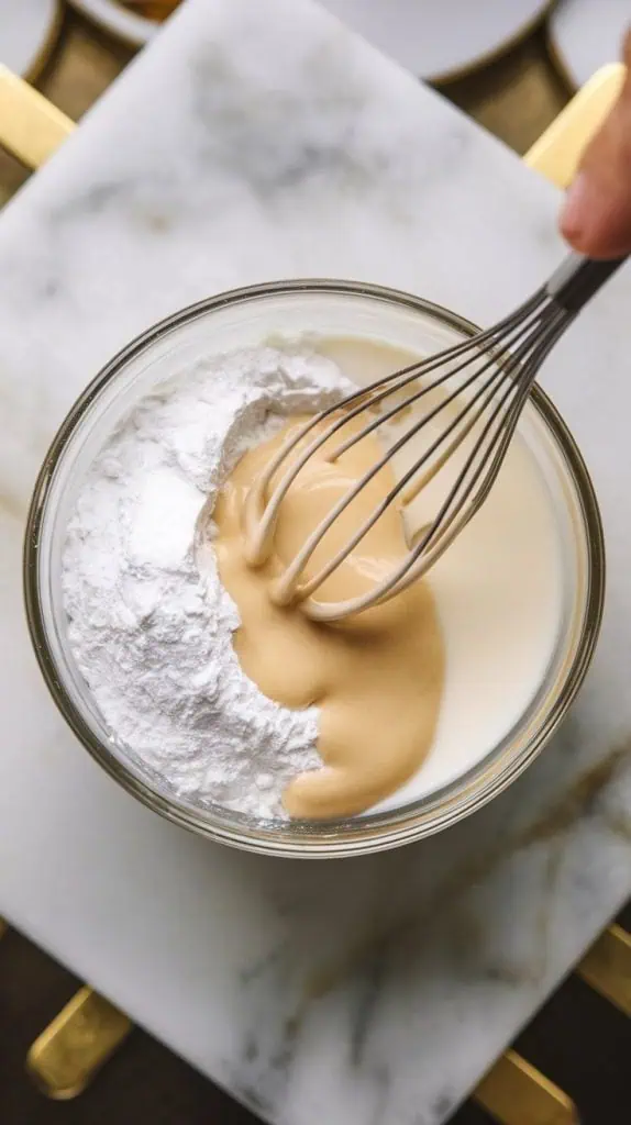 a small bowl with powdered sugar, milk, and vanilla extract being whisked into a smooth glaze