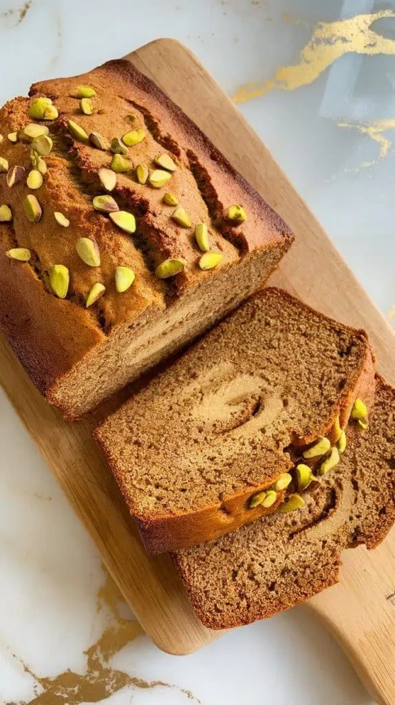  freshly baked loaf of Tahini Pistachio Banana Bread resting on a cooling rack, with a knife cutting into the golden, moist texture
