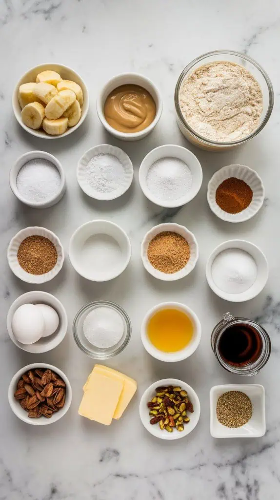 a small plate of mashed bananas, a small plate of tahini, a small plate of all-purpose flour, a small plate of baking soda, a small plate of baking powder, a small plate of salt, a small plate of cinnamon, a small plate of brown sugar, a small plate of granulated sugar, a small plate of eggs, a small plate of melted butter, a small plate of vanilla extract, a small plate of chopped pistachios, and a small plate of sesame seeds