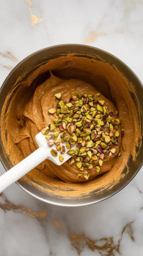 a mixing bowl filled with banana bread batter, with chopped pistachios being folded in with a spatula