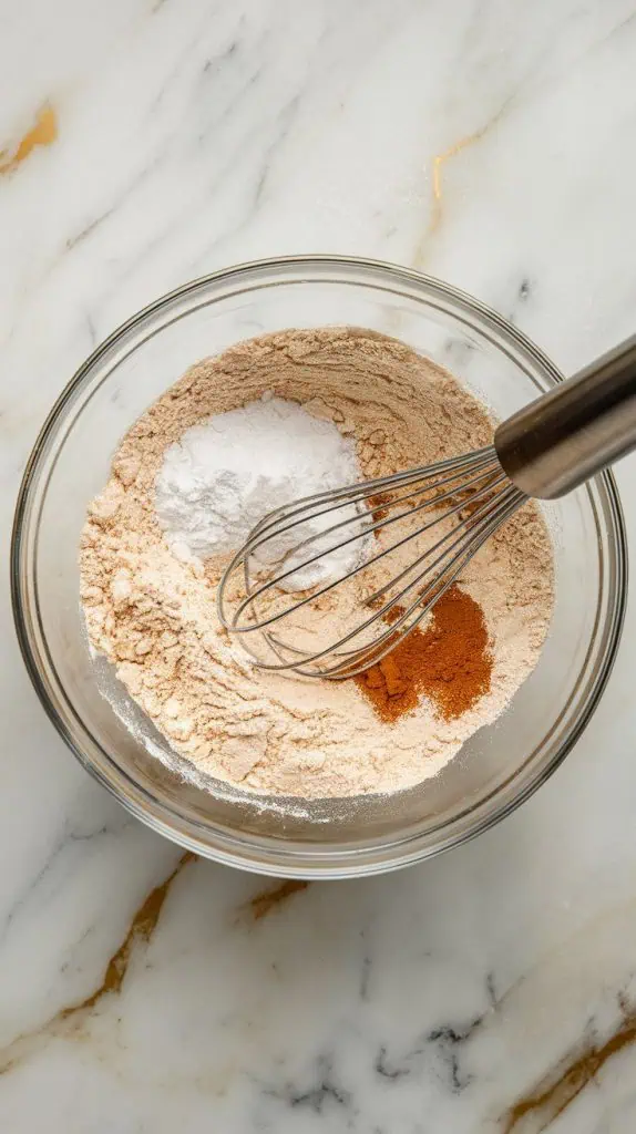a mixing bowl with all-purpose flour, baking soda, baking powder, salt, and cinnamon being whisked together