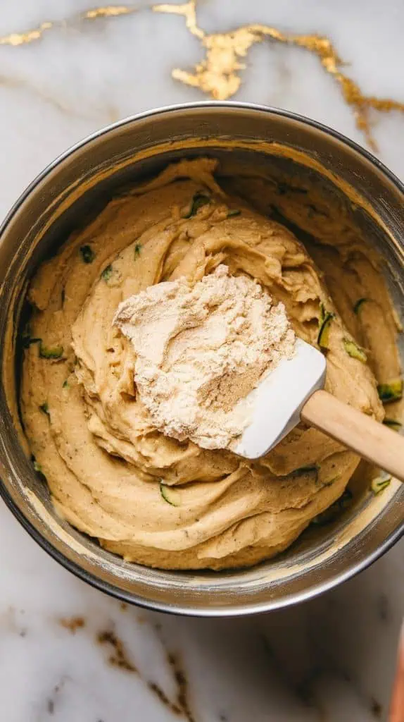 a spatula folding the flour mixture into the banana batter, creating a thick, slightly lumpy texture