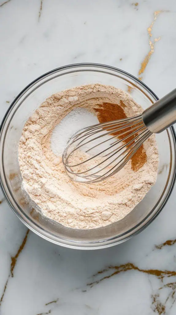 a mixing bowl with all-purpose flour, baking soda, baking powder, salt, and cinnamon being whisked together
