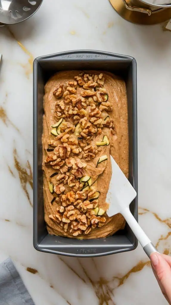 a loaf pan filled with banana bread batter, spread evenly with a spatula. The batter has a slightly textured surface from the walnuts and zucchini