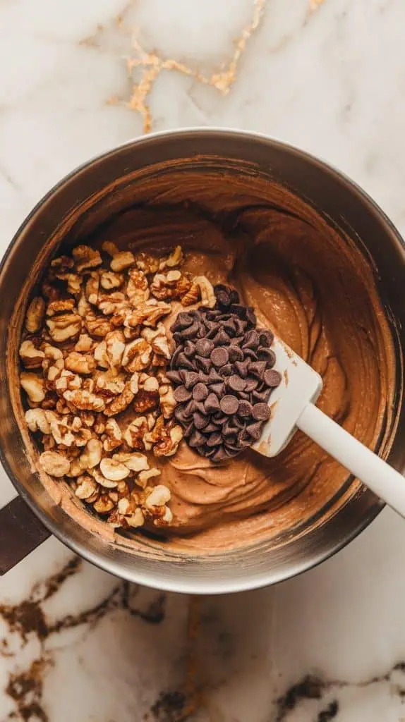 a mixing bowl filled with banana bread batter, with chopped walnuts and chocolate chips being folded in with a spatula