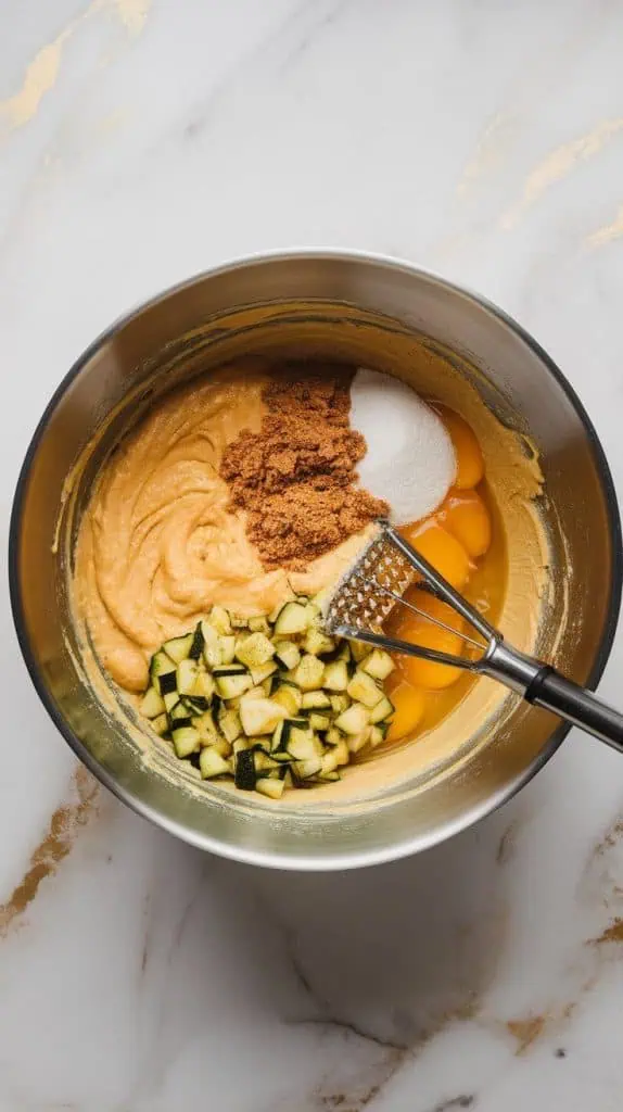 a mixing bowl with mashed bananas, brown sugar, granulated sugar, cracked eggs, melted butter, vanilla extract, and shredded zucchini being mixed together into a smooth batter