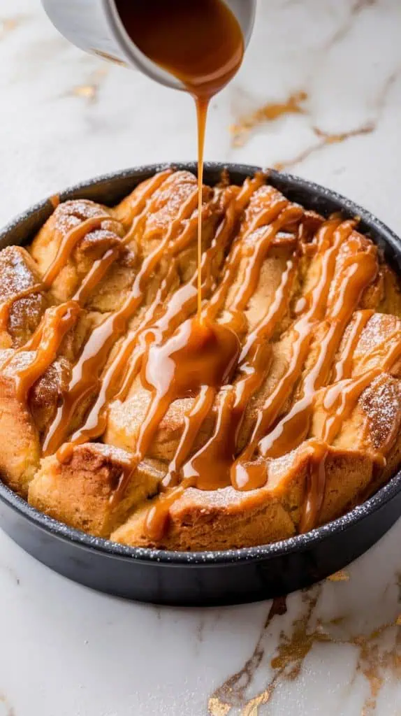 warm banana bread pudding in a baking round dish being drizzled with caramel sauce, the sauce glistening as it drips into the soft, golden surface